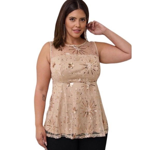 torrid Tops - Torrid Gold Star Moon Embroidered Mesh Babydoll Top Shimmer Holiday New Year